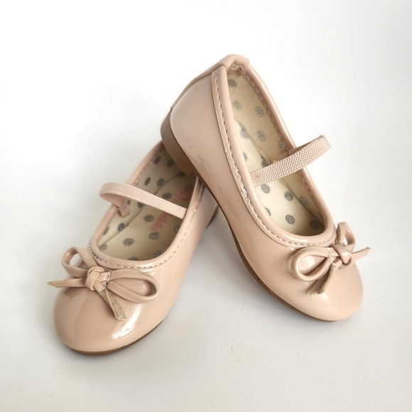 Toddler Girls Nude Pink Patent Ballet Flat Shoes with Bow & Strap, US 5/EU 21 - Picture 1 of 11